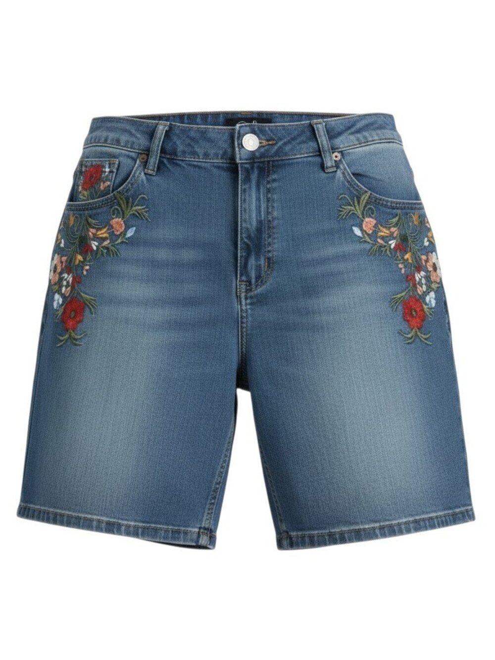 EARL Women's Floral Embroidered 5 Pocket Blue Denim Jean Shorts